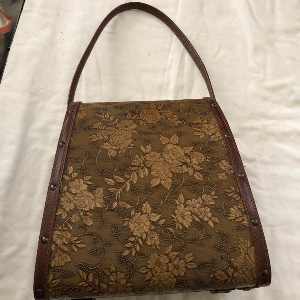 1960s RARE Brown vintage shoulder hand bag purse suitcase floral leather brass
